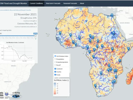 African Flood and Drought Monitor Nov 2021 showing soil moisture index